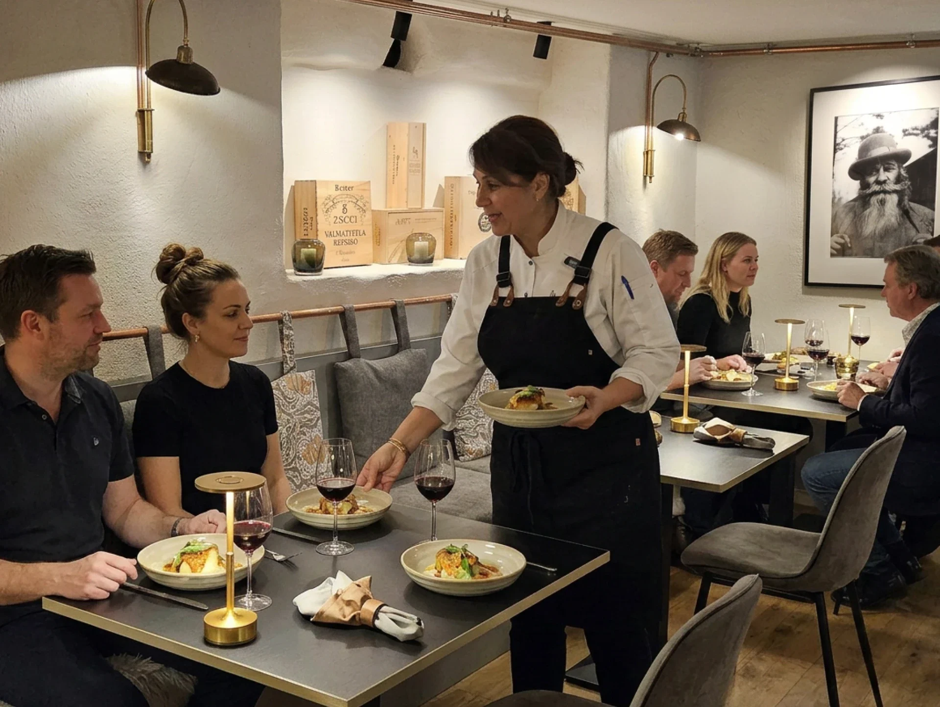Alexandra Zazzi serverar middag bland gäster på Sjötullen