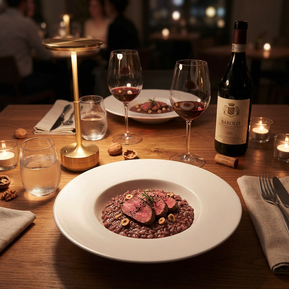 Risotto på Chianti-vin med skivad oxfilé, hasselnötter och rosmarin, serverad med ett glas Barolo