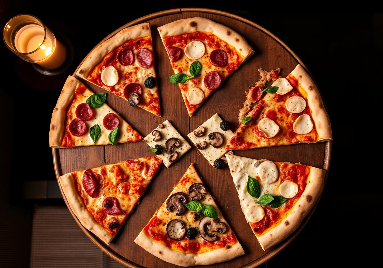 Sex olika pizzaslice för provsmakning på Sjötullen